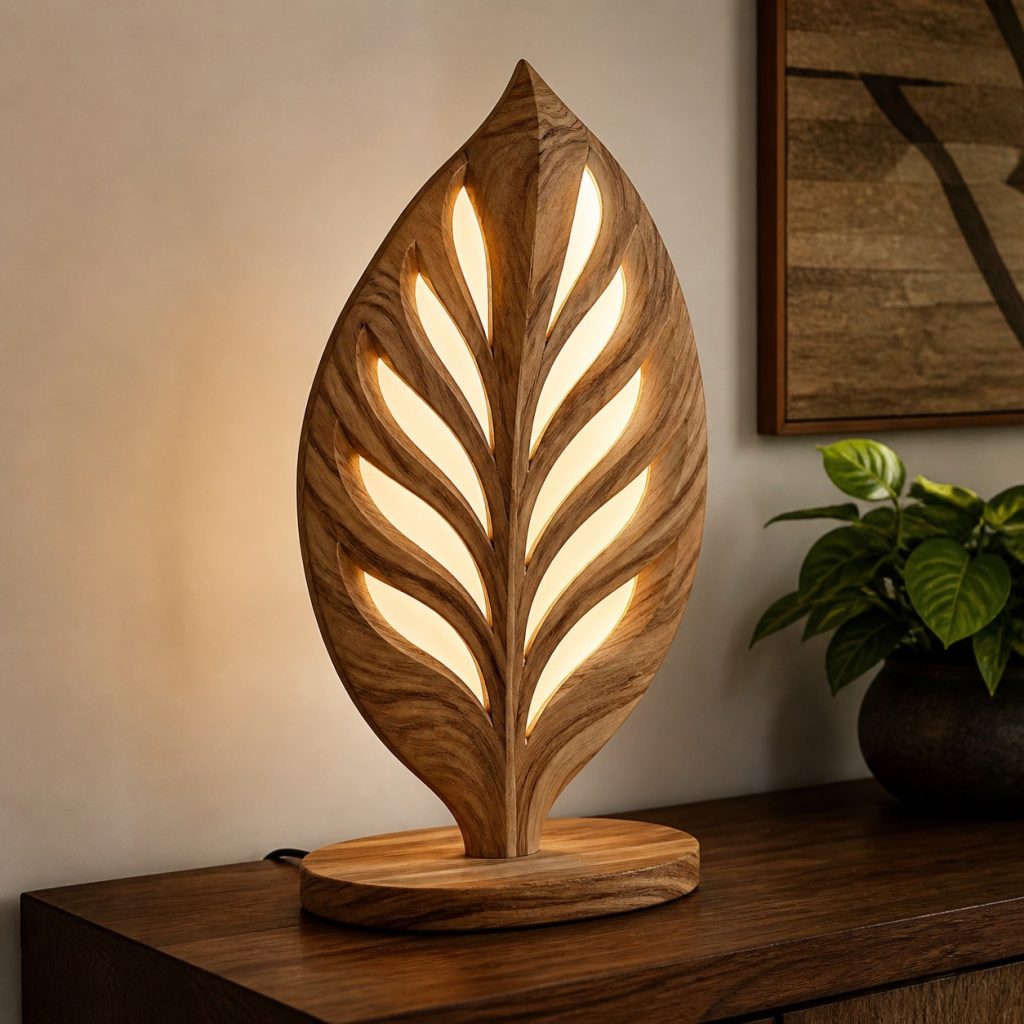 Bookmatched Elm Leaf Lamp shown as an original square photorealistic wooden leaf-inspired lamp with authentic wood grain, warm diffused light, and a short dark power cord