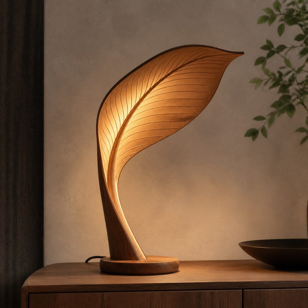 Curved Cherry Leaf Lamp shown as an original square photorealistic wooden leaf-inspired lamp with authentic wood grain, warm diffused light, and a short dark power cord