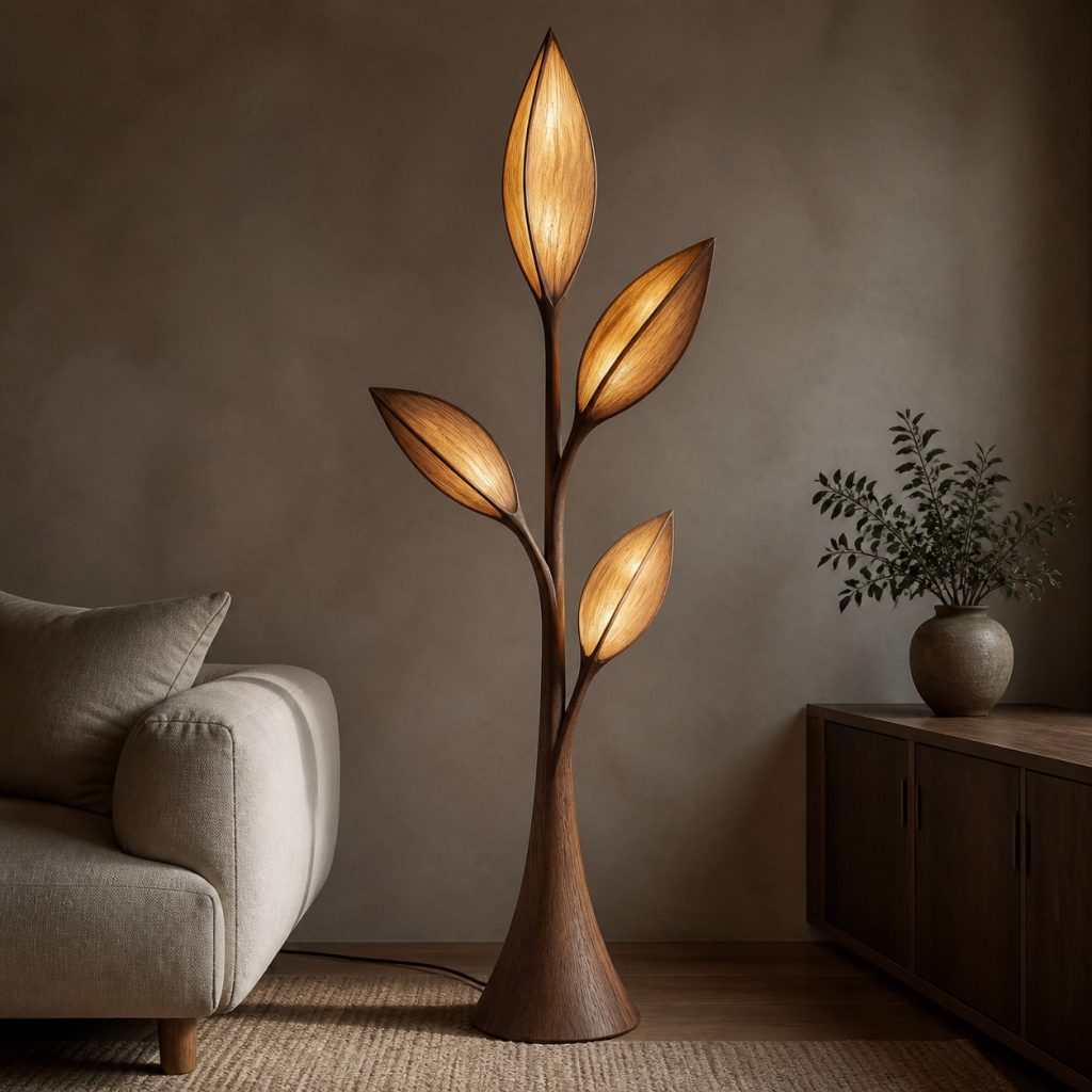Tall Oak Leaf Floor Lamp shown as an original square photorealistic wooden leaf-inspired lamp with authentic wood grain, warm diffused light, and a short dark power cord