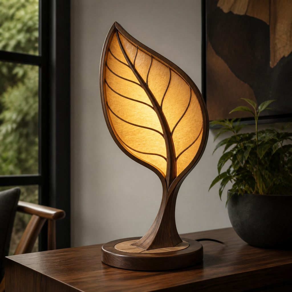Walnut and Maple Leaf Lamp shown as an original square photorealistic wooden leaf-inspired lamp with authentic wood grain, warm diffused light, and a short dark power cord