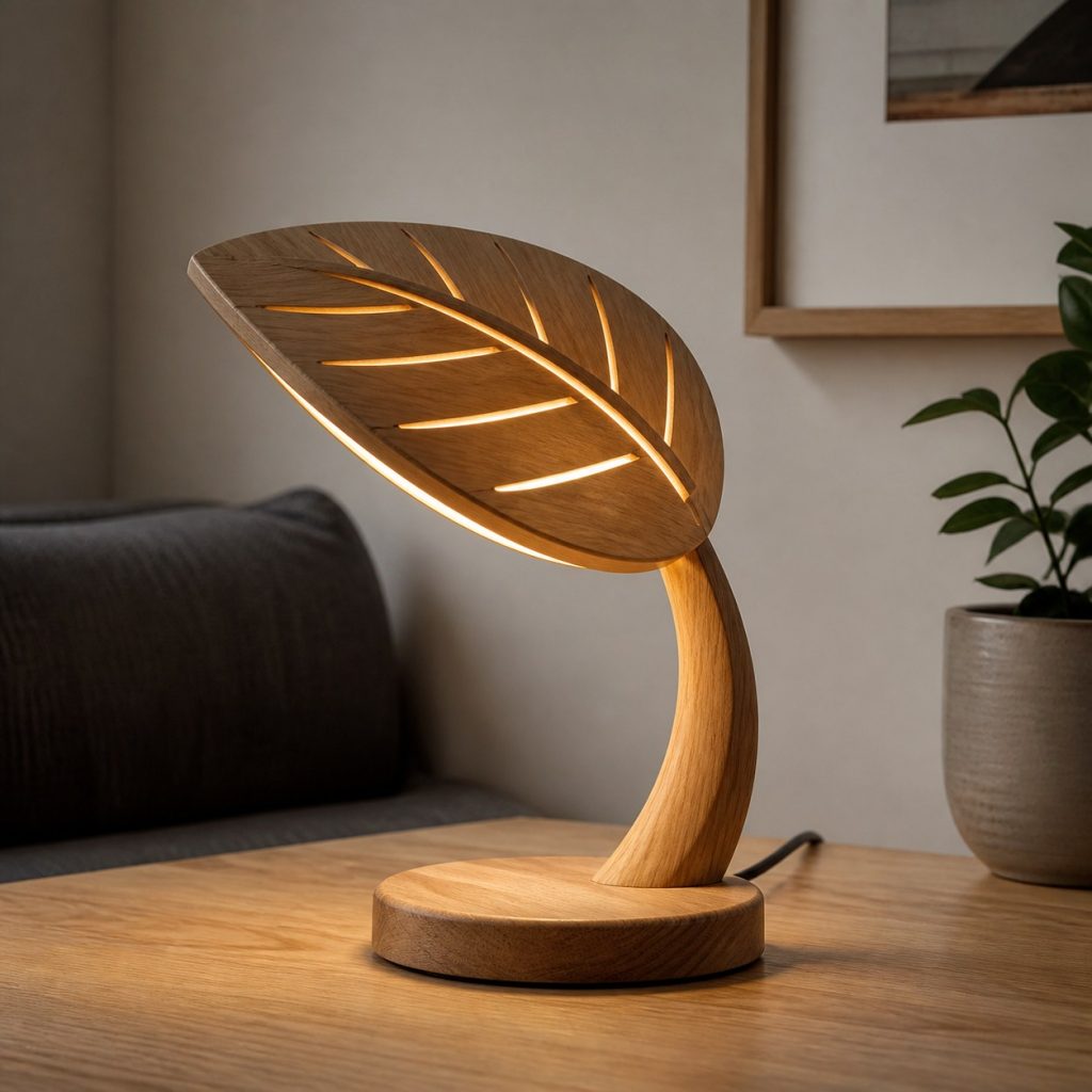 Compact Beech Leaf Lamp shown as an original square photorealistic wooden leaf-inspired lamp with authentic wood grain, warm diffused light, and a short dark power cord