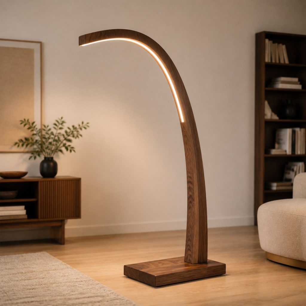 Walnut LED Arch Lamp shown as a square photorealistic original wooden LED strip lamp with warm LED light, visible real wood grain, and physically plausible support