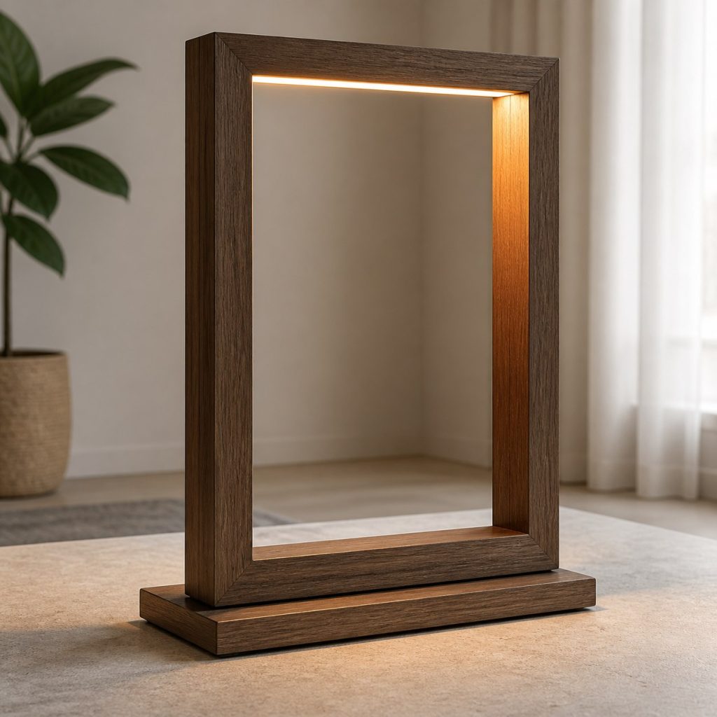 Ash Rectangular-Frame LED Lamp shown as a square photorealistic original wooden LED strip lamp with warm LED light, visible real wood grain, and physically plausible support