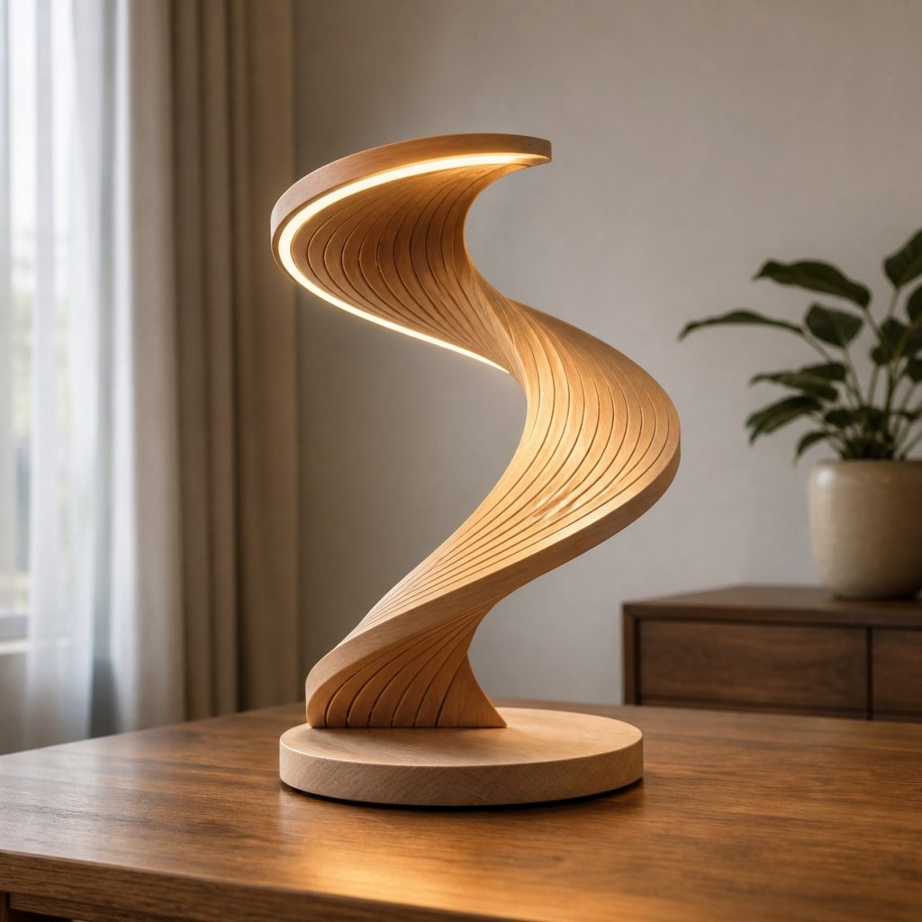 Maple Spiral-Rib LED Lamp shown as a square photorealistic original wooden LED strip lamp with warm LED light, visible real wood grain, and physically plausible support