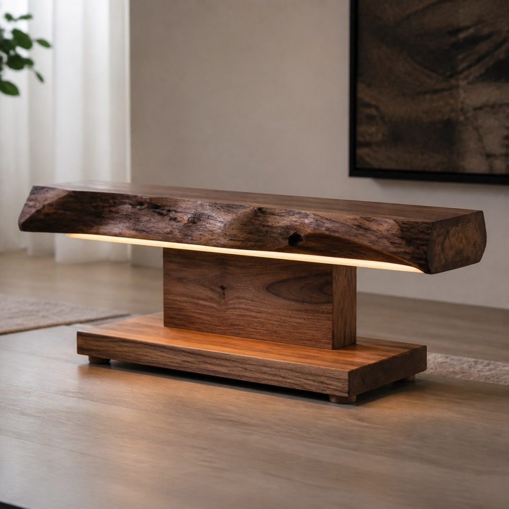 Live-Edge Walnut Shelf Light shown as a square photorealistic original wooden LED strip lamp with warm LED light, visible real wood grain, and physically plausible support