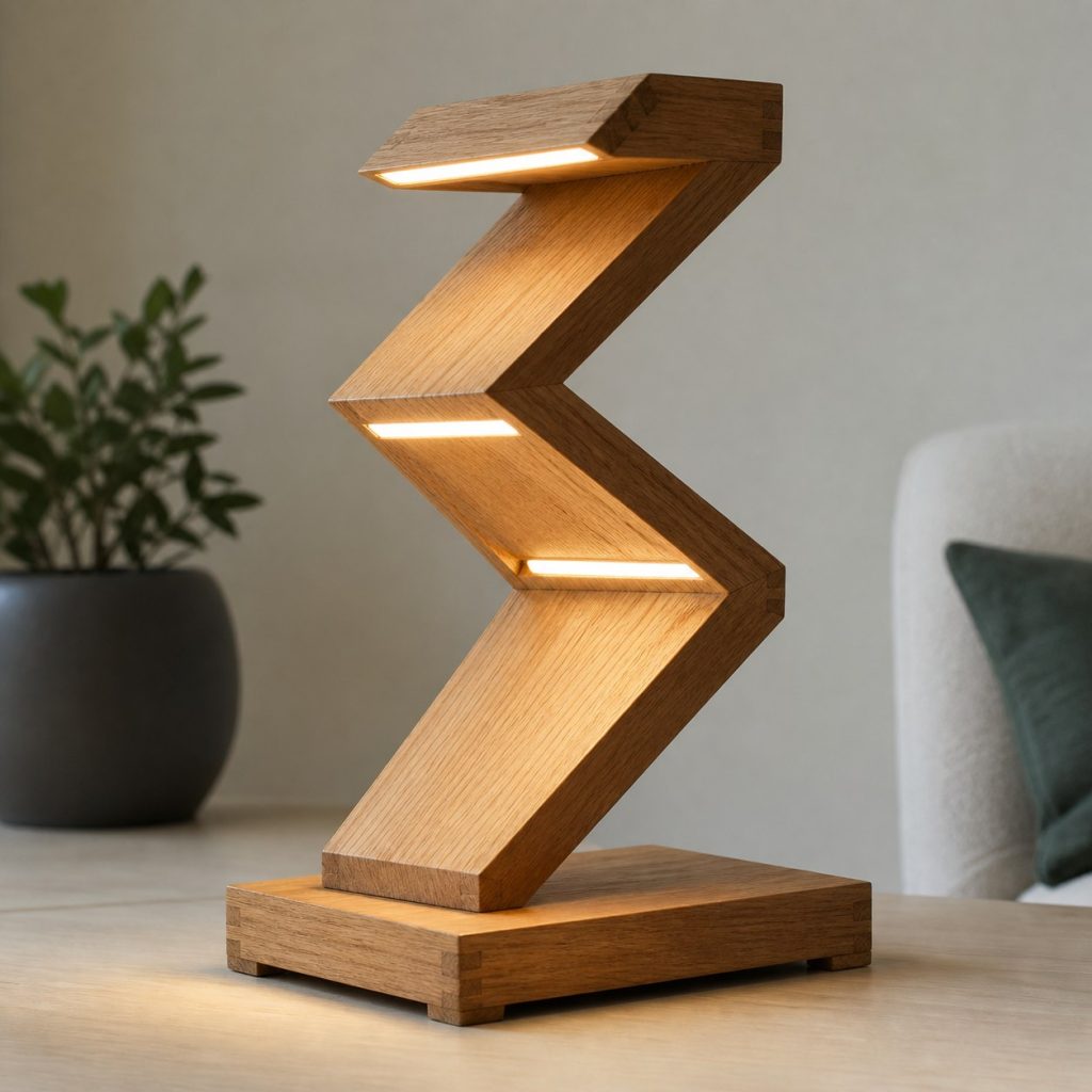 Oak Zigzag LED Lamp shown as a square photorealistic original wooden LED strip lamp with warm LED light, visible real wood grain, and physically plausible support
