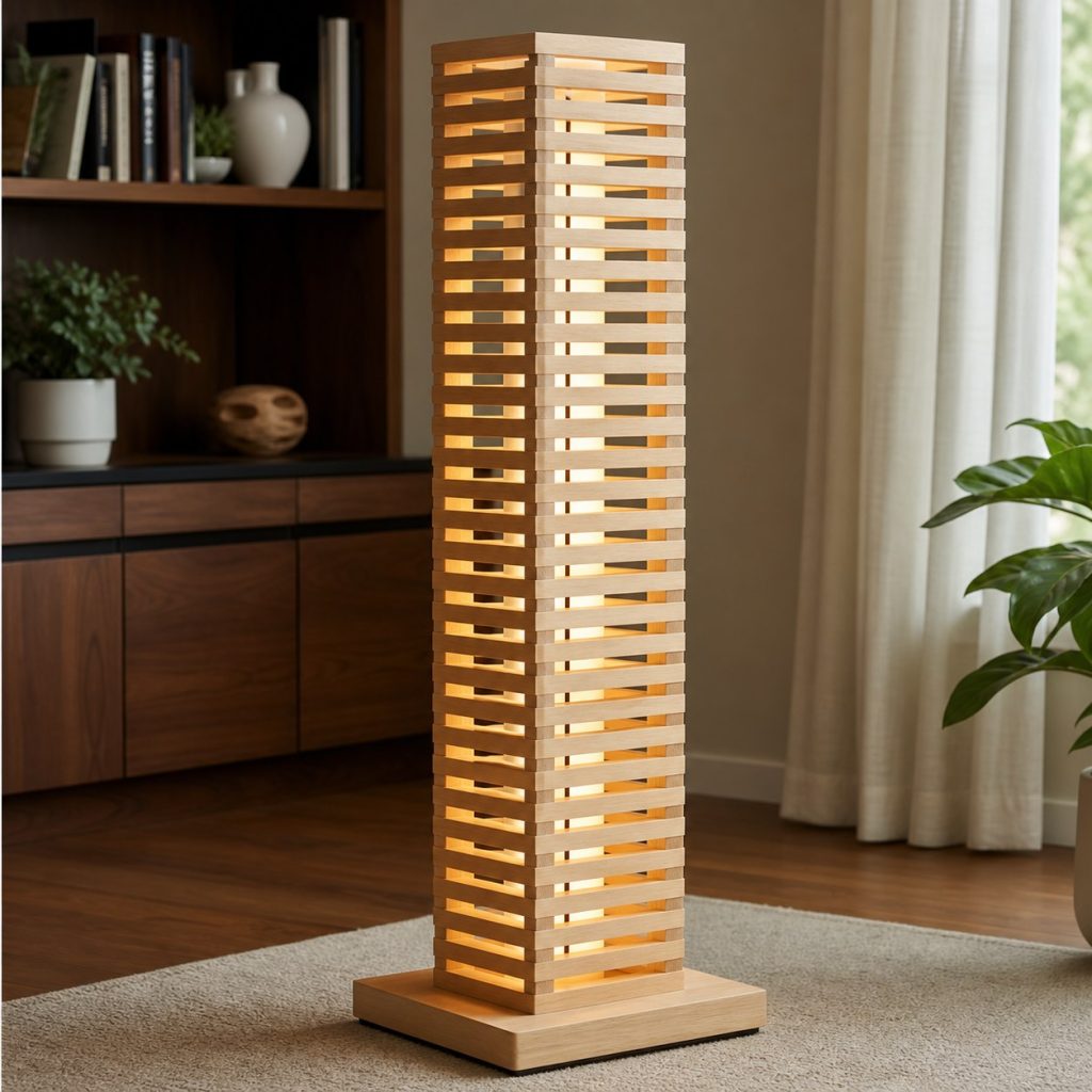 Birch Slat-Tower LED Lamp shown as a square photorealistic original wooden LED strip lamp with warm LED light, visible real wood grain, and physically plausible support