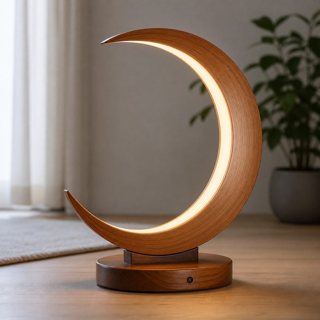 Cherry Crescent LED Lamp shown as a square photorealistic original wooden LED strip lamp with warm LED light, visible real wood grain, and physically plausible support