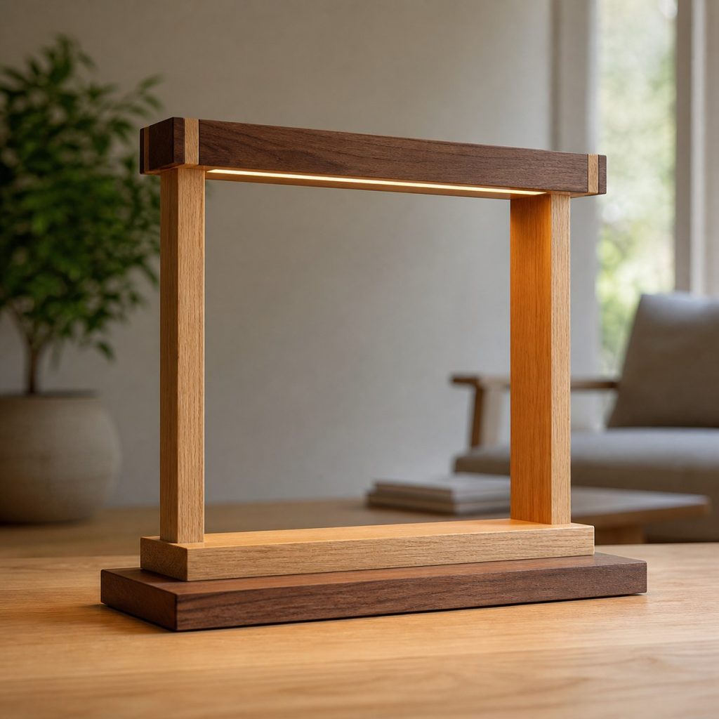Two-Tone Task-Bar Lamp shown as a square photorealistic original wooden LED strip lamp with warm LED light, visible real wood grain, and physically plausible support