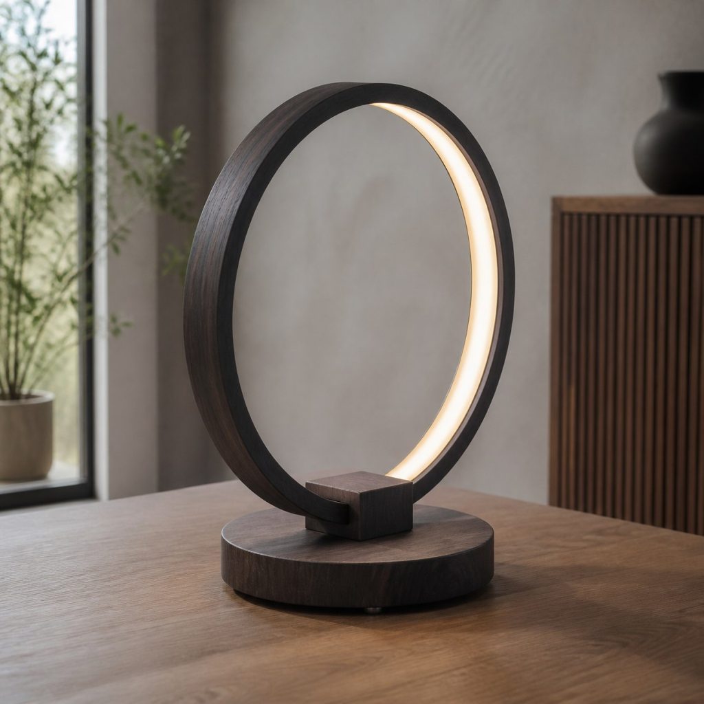 Dark-Ash Halo LED Lamp shown as a square photorealistic original wooden LED strip lamp with warm LED light, visible real wood grain, and physically plausible support