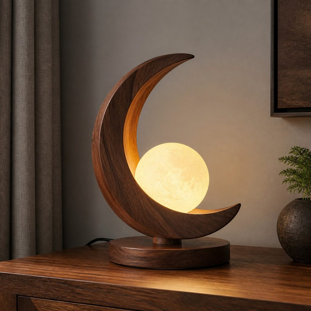 Walnut Crescent Moon Lamp shown as an original square photorealistic wooden moon-inspired lamp with authentic wood grain, warm diffused light, and a short dark power cord