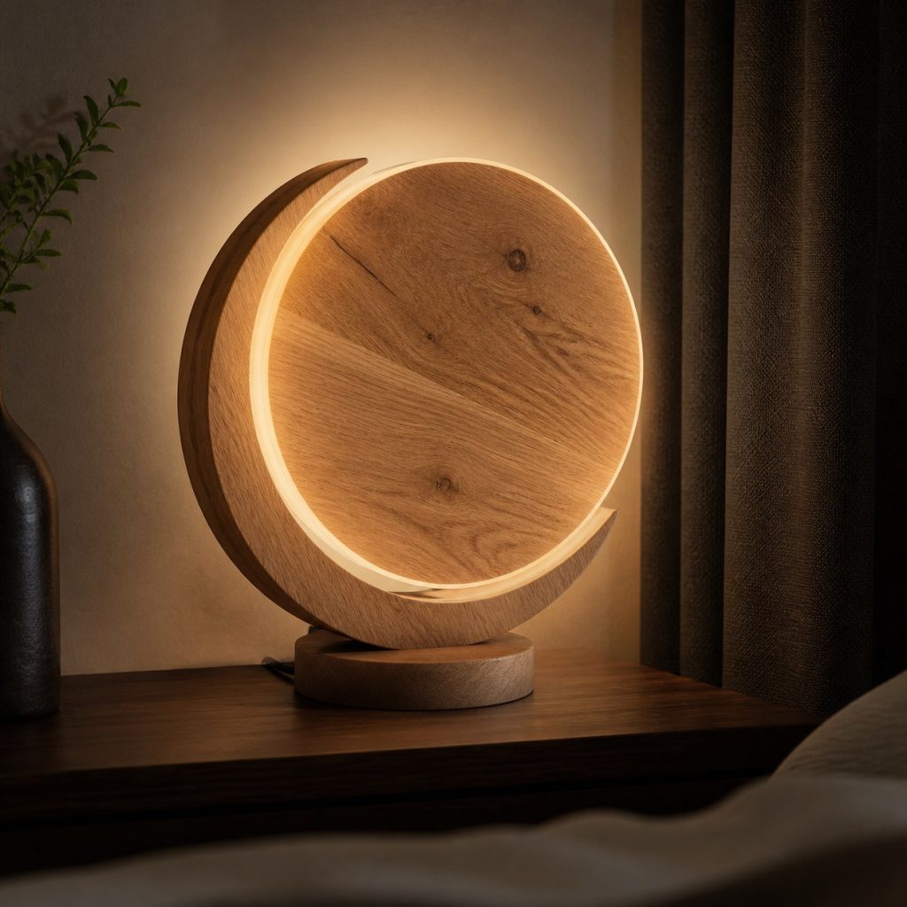 Oak Full-Moon Halo Lamp shown as an original square photorealistic wooden moon-inspired lamp with authentic wood grain, warm diffused light, and a short dark power cord