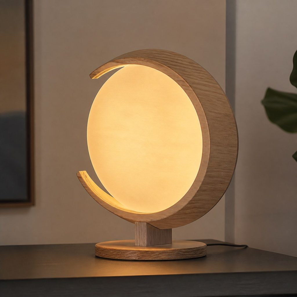 Laminated Ash Crescent Lamp shown as an original square photorealistic wooden moon-inspired lamp with authentic wood grain, warm diffused light, and a short dark power cord