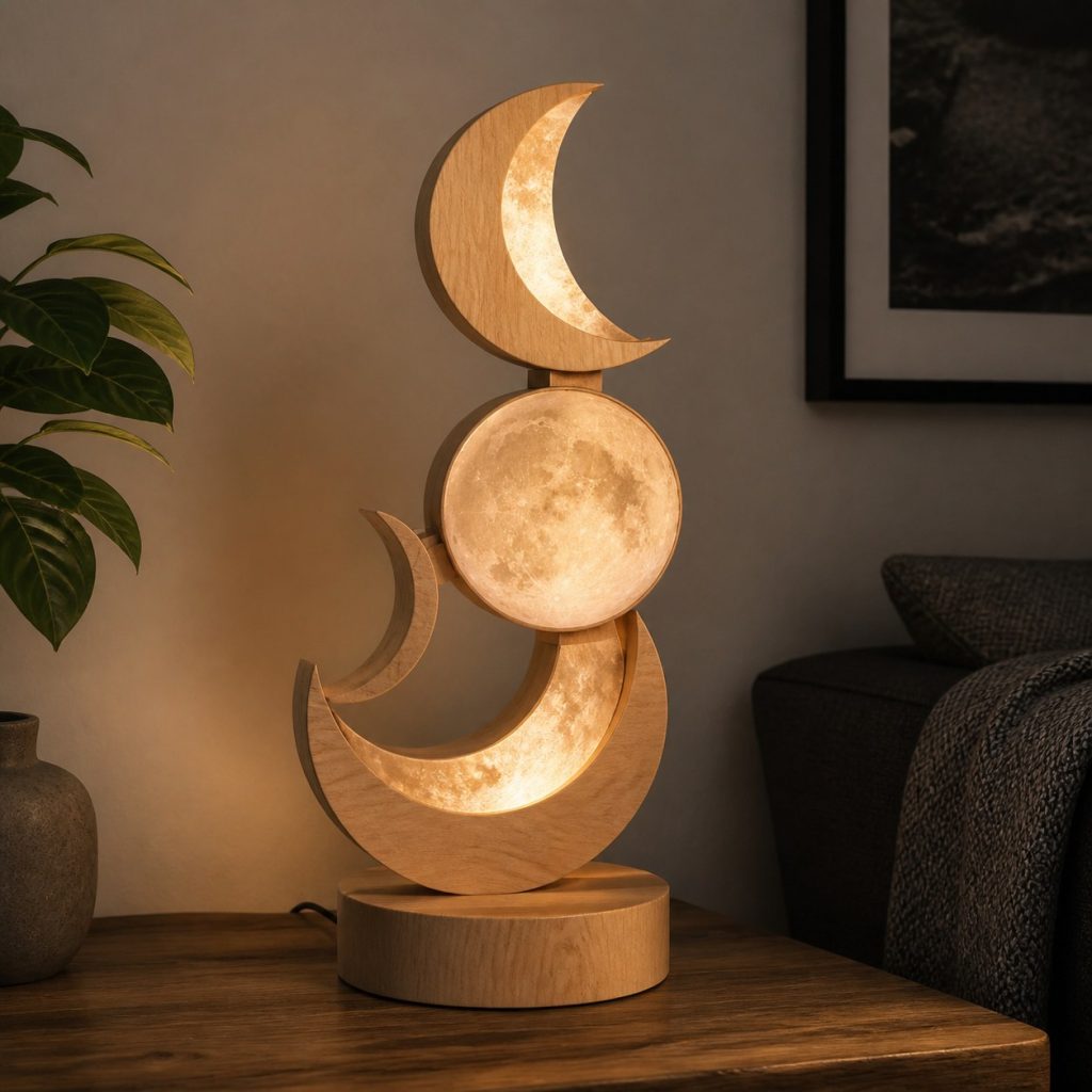 Maple Moon-Phase Desk Lamp shown as an original square photorealistic wooden moon-inspired lamp with authentic wood grain, warm diffused light, and a short dark power cord