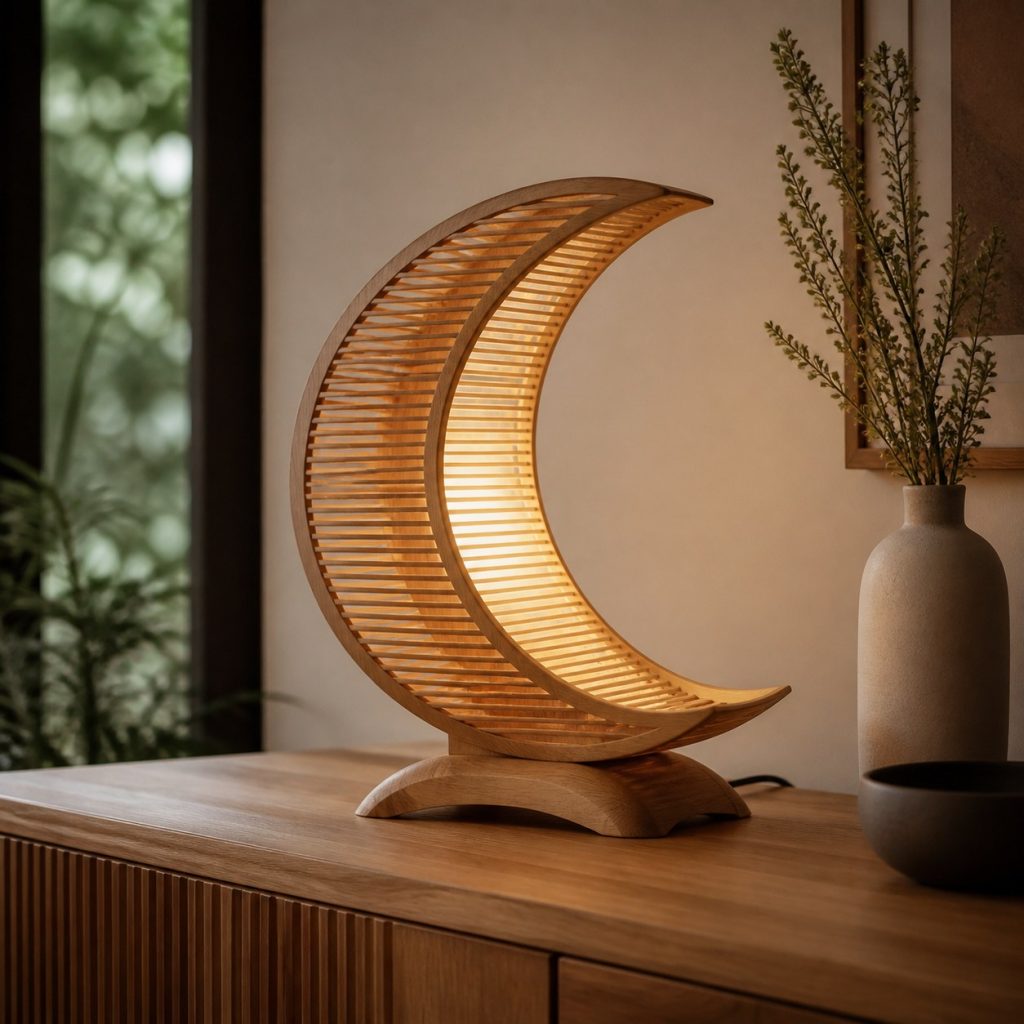 Slatted Cedar Crescent Lantern shown as an original square photorealistic wooden moon-inspired lamp with authentic wood grain, warm diffused light, and a short dark power cord