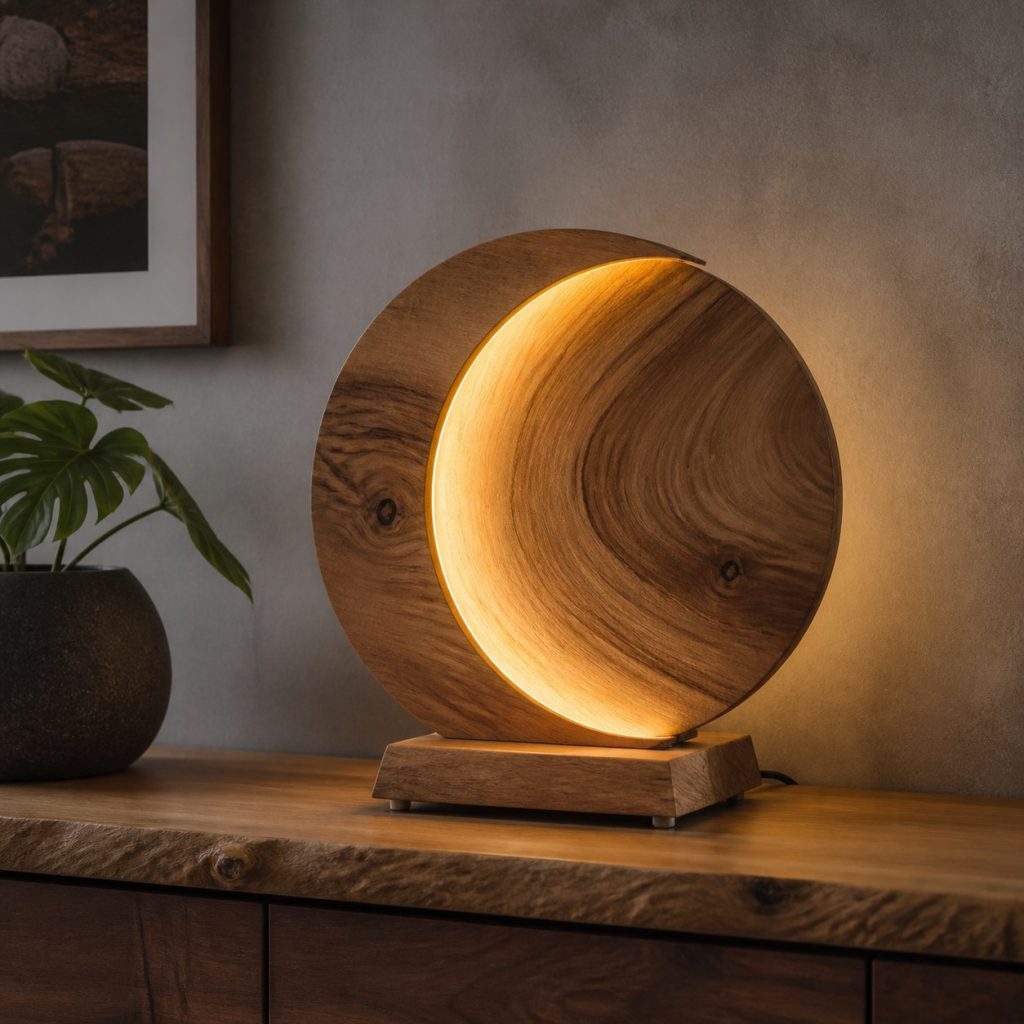 Bookmatched Elm Moon Lamp shown as an original square photorealistic wooden moon-inspired lamp with authentic wood grain, warm diffused light, and a short dark power cord