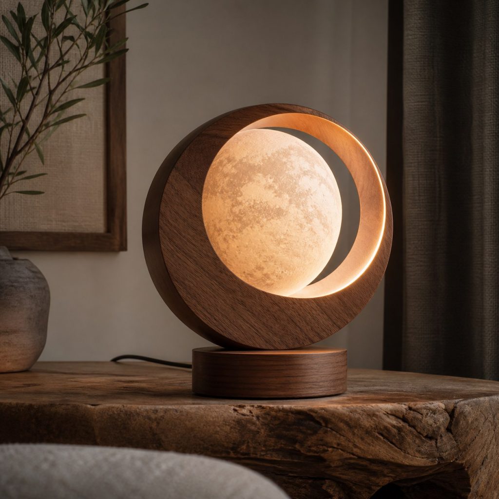 Open-Ring Walnut Moon Lamp shown as an original square photorealistic wooden moon-inspired lamp with authentic wood grain, warm diffused light, and a short dark power cord
