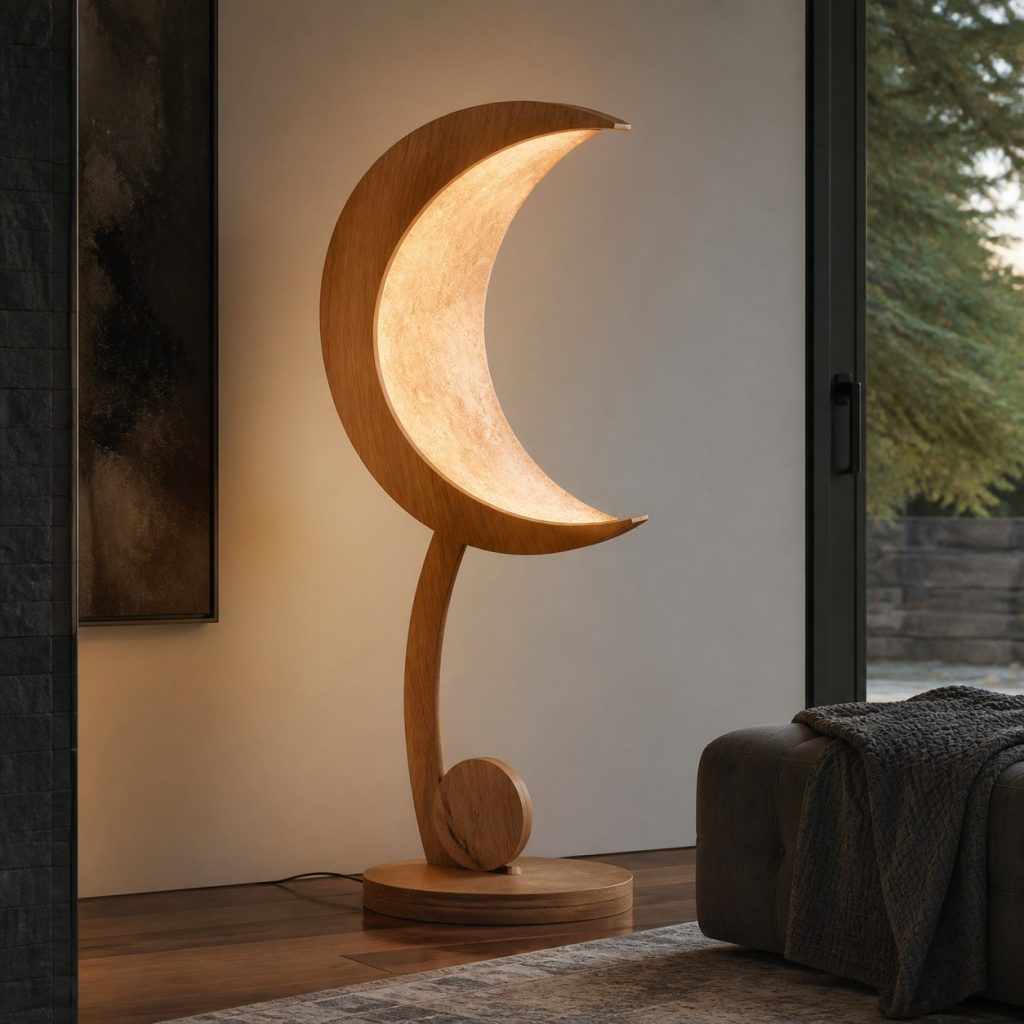 Tall Oak Crescent Floor Lamp shown as an original square photorealistic wooden moon-inspired lamp with authentic wood grain, warm diffused light, and a short dark power cord