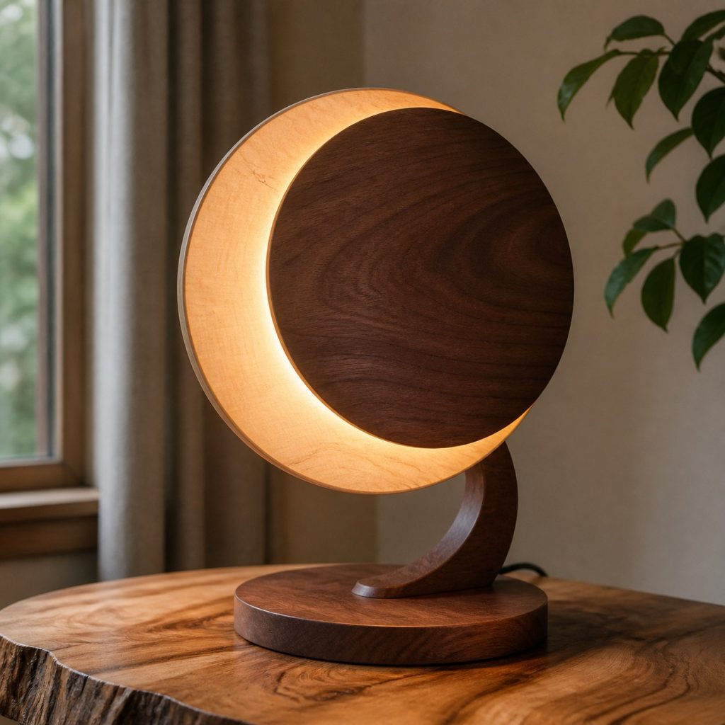 Maple and Walnut Eclipse Lamp shown as an original square photorealistic wooden moon-inspired lamp with authentic wood grain, warm diffused light, and a short dark power cord