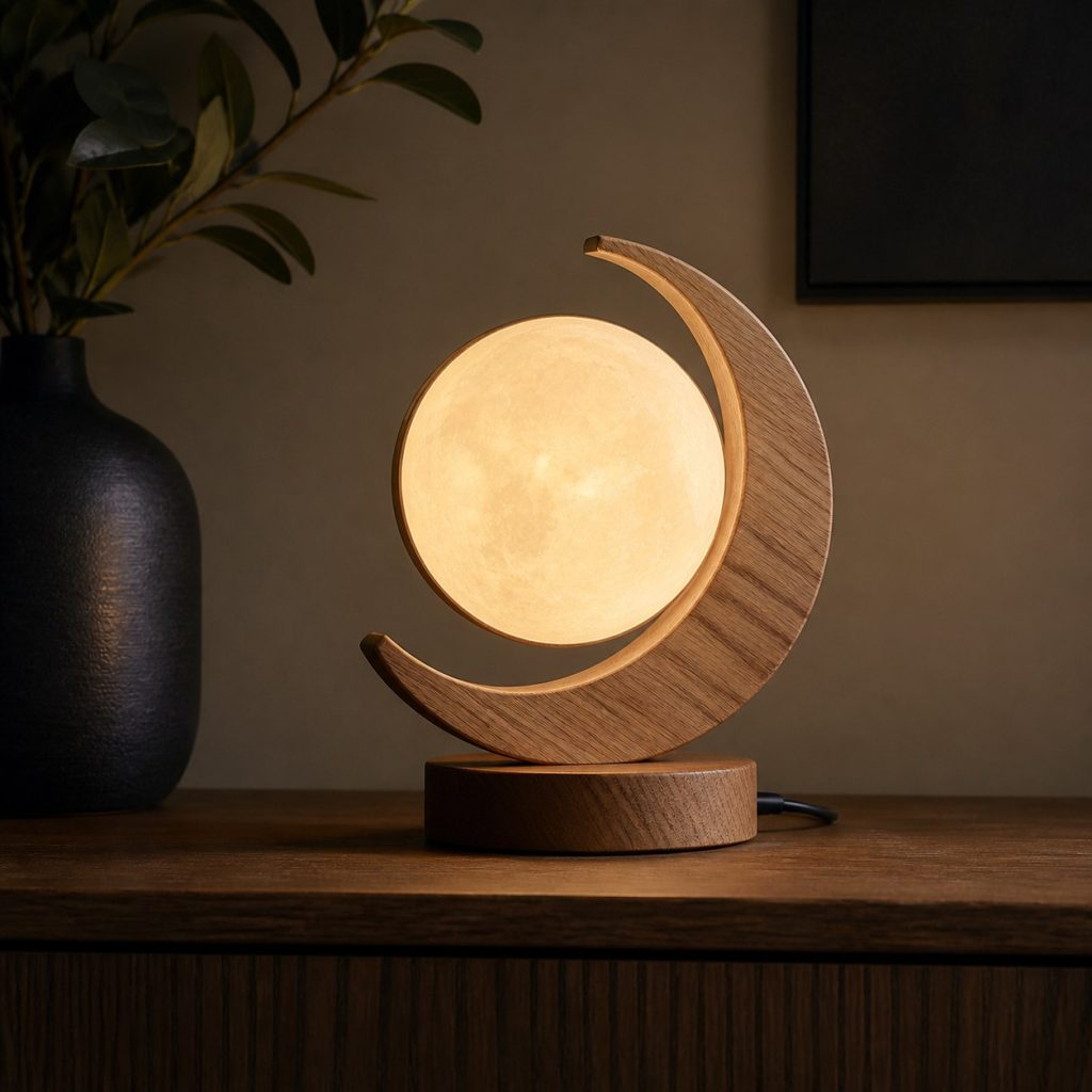 Compact Beech Crescent Lamp shown as an original square photorealistic wooden moon-inspired lamp with authentic wood grain, warm diffused light, and a short dark power cord