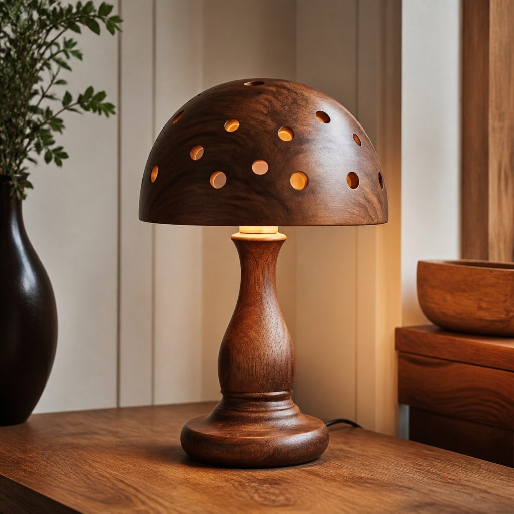 Turned Walnut Mushroom Lamp shown as an original square photorealistic wooden mushroom lamp with authentic wood texture, warm diffused light, and a short dark power cord