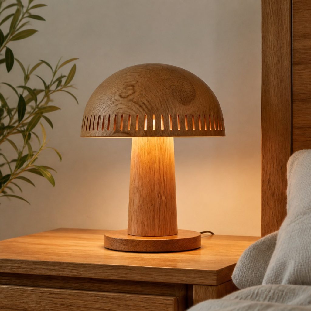 Oak Dome Bedside Lamp shown as an original square photorealistic wooden mushroom lamp with authentic wood texture, warm diffused light, and a short dark power cord