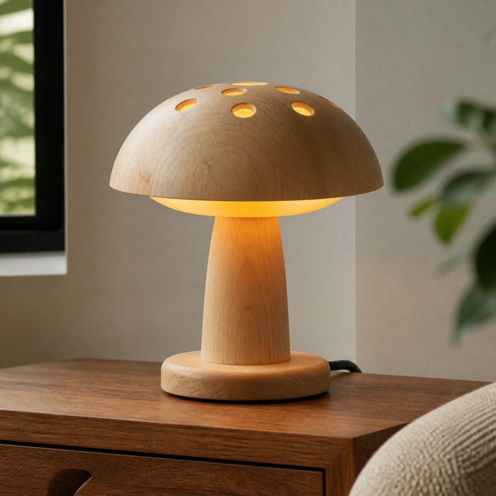 Maple Diffused Mushroom Lamp shown as an original square photorealistic wooden mushroom lamp with authentic wood texture, warm diffused light, and a short dark power cord