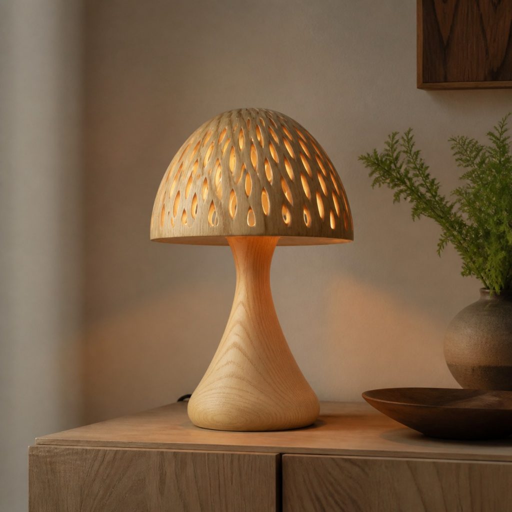 Carved Ash Mushroom Lamp shown as an original square photorealistic wooden mushroom lamp with authentic wood texture, warm diffused light, and a short dark power cord