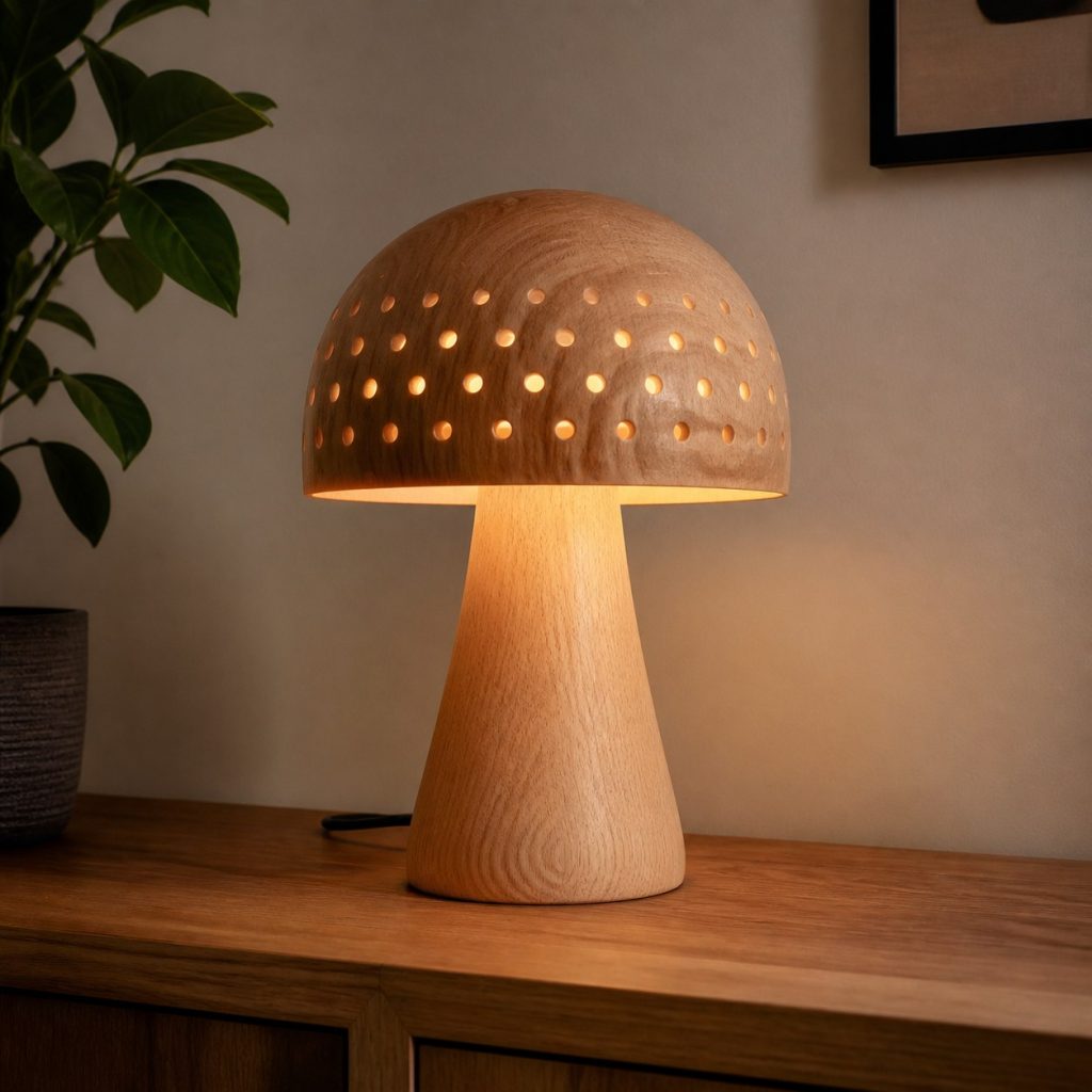 Compact Beech Mushroom Lamp shown as an original square photorealistic wooden mushroom lamp with authentic wood texture, warm diffused light, and a short dark power cord