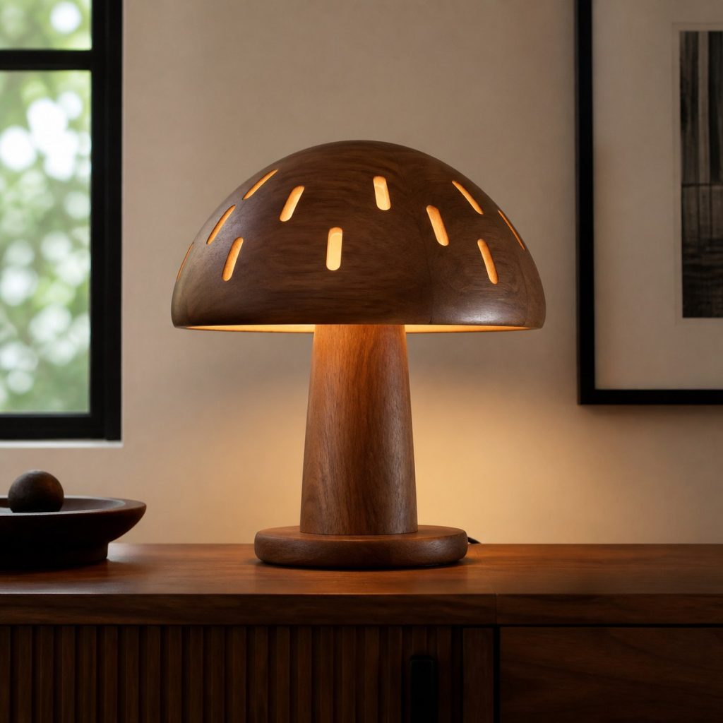 Wide Walnut Console Mushroom shown as an original square photorealistic wooden mushroom lamp with authentic wood texture, warm diffused light, and a short dark power cord