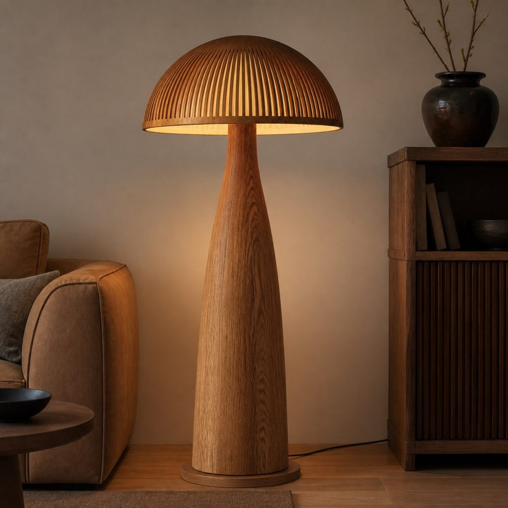Elm Mushroom Floor Lamp shown as an original square photorealistic wooden mushroom lamp with authentic wood texture, warm diffused light, and a short dark power cord