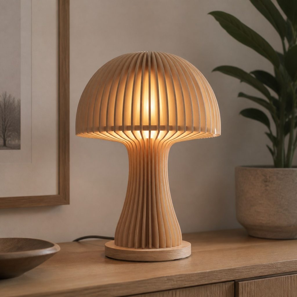 Layered Plywood Mushroom Lamp shown as an original square photorealistic wooden mushroom lamp with authentic wood texture, warm diffused light, and a short dark power cord