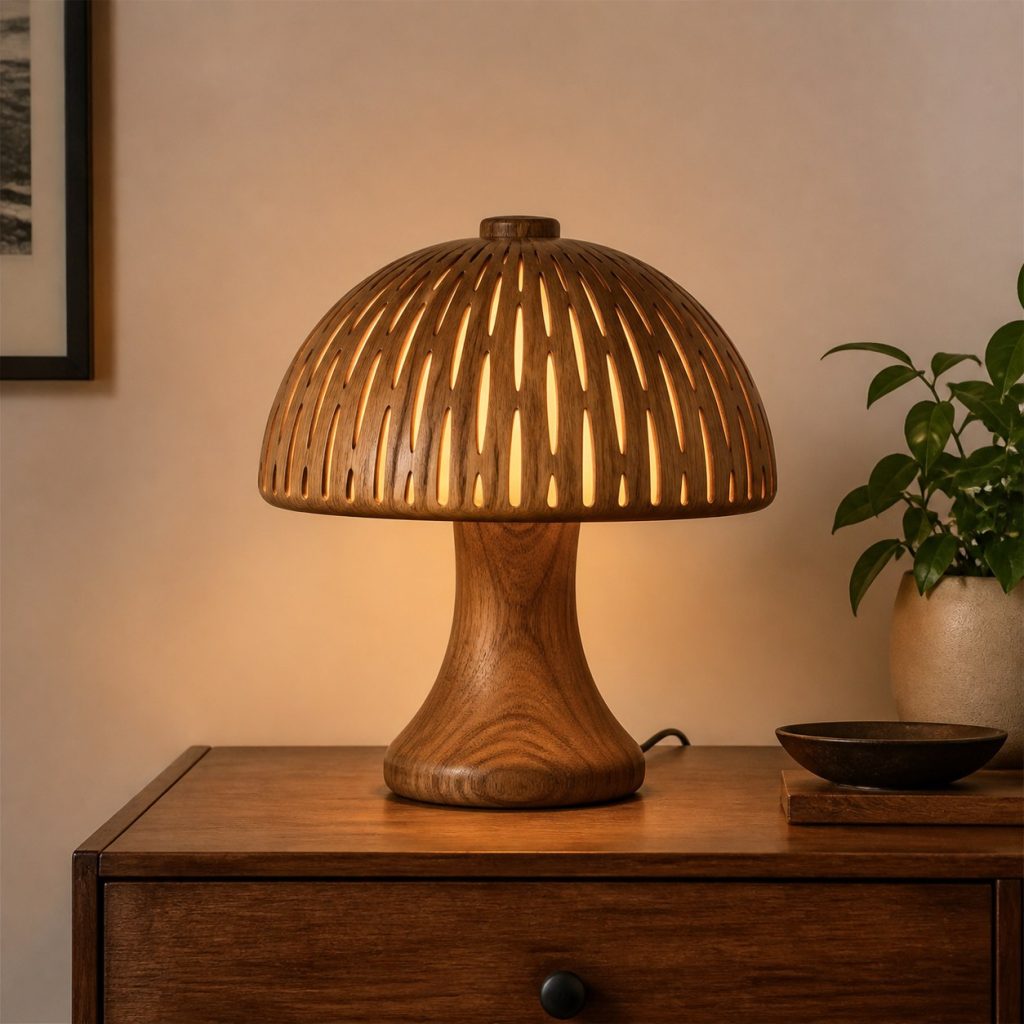 Live-Edge Mushroom Accent Lamp shown as an original square photorealistic wooden mushroom lamp with authentic wood texture, warm diffused light, and a short dark power cord