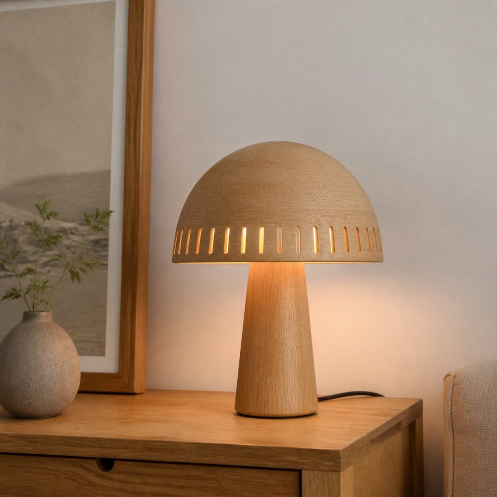 Minimal Oak Reading Mushroom shown as an original square photorealistic wooden mushroom lamp with authentic wood texture, warm diffused light, and a short dark power cord