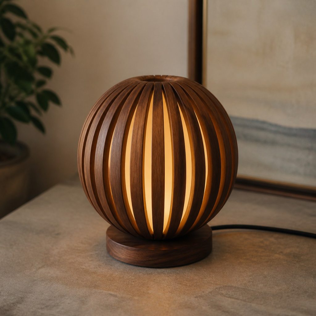 Turned Walnut Orb Lamp shown as an original square photorealistic wooden orb lamp with authentic wood texture, warm diffused light, and a short dark power cord