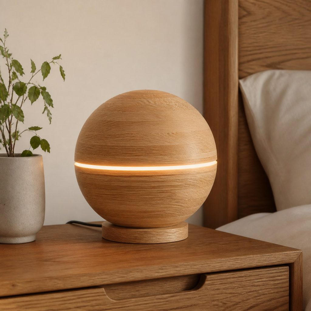 Oak Equatorial-Seam Orb Lamp shown as an original square photorealistic wooden orb lamp with authentic wood texture, warm diffused light, and a short dark power cord