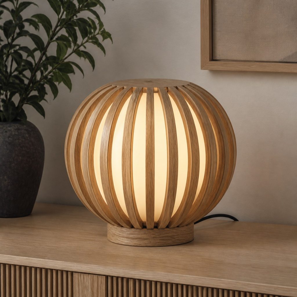 Slatted Ash Orb Lamp shown as an original square photorealistic wooden orb lamp with authentic wood texture, warm diffused light, and a short dark power cord