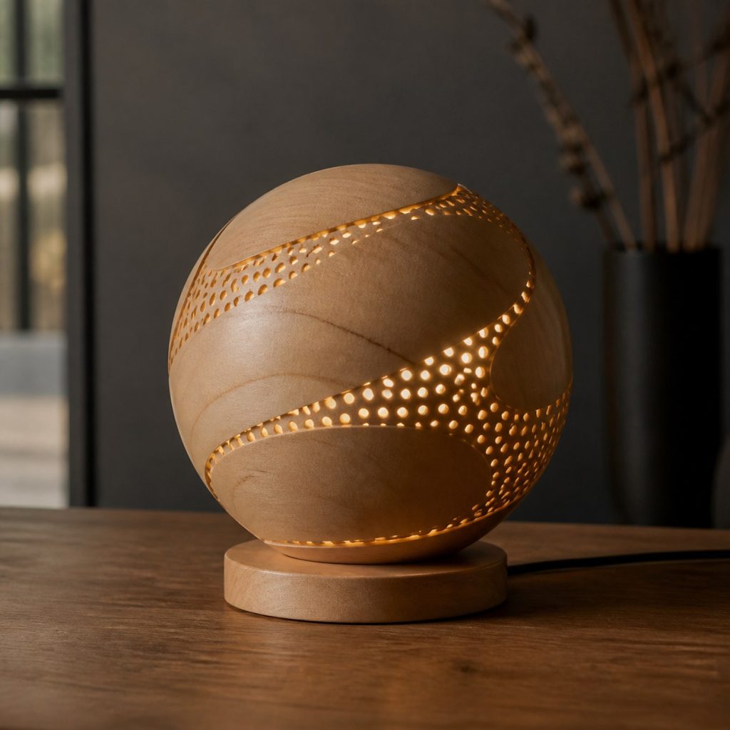 Carved Maple Patterned Orb Lamp shown as an original square photorealistic wooden orb lamp with authentic wood texture, warm diffused light, and a short dark power cord
