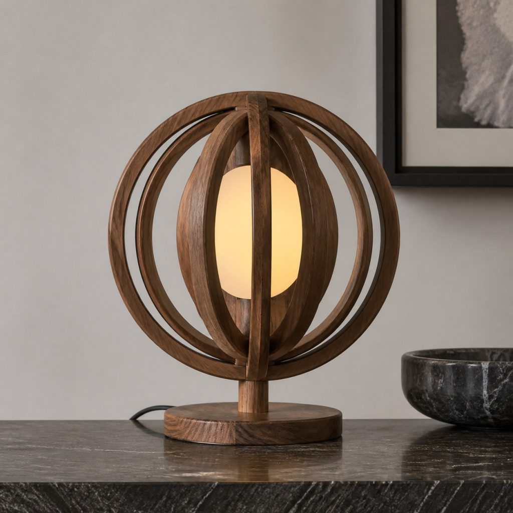 Open-Ring Walnut Orb Lamp shown as an original square photorealistic wooden orb lamp with authentic wood texture, warm diffused light, and a short dark power cord
