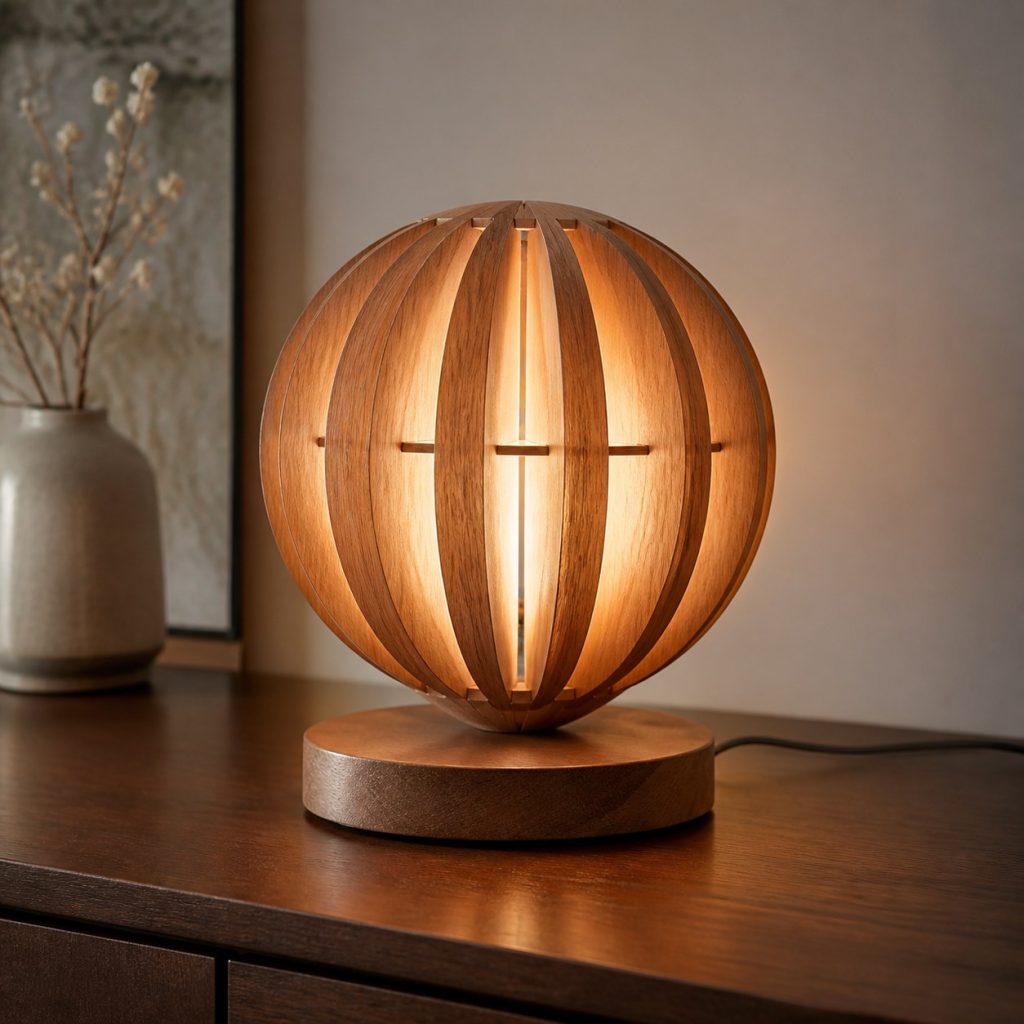 Segmented Cherry Orb Lamp shown as an original square photorealistic wooden orb lamp with authentic wood texture, warm diffused light, and a short dark power cord