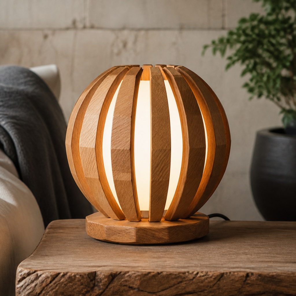 Faceted Oak Orb Lamp shown as an original square photorealistic wooden orb lamp with authentic wood texture, warm diffused light, and a short dark power cord