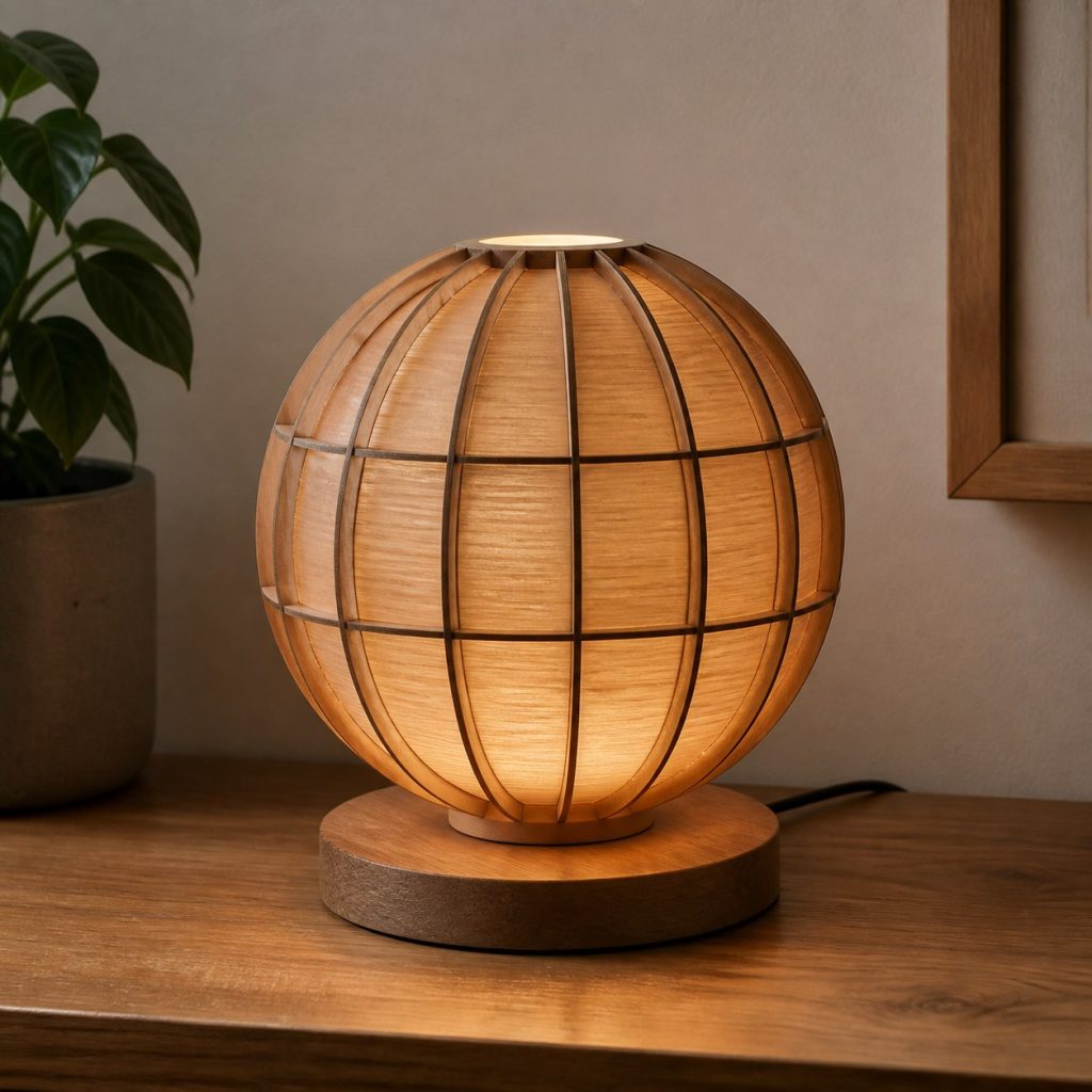 Bent-Plywood Globe Lamp shown as an original square photorealistic wooden orb lamp with authentic wood texture, warm diffused light, and a short dark power cord