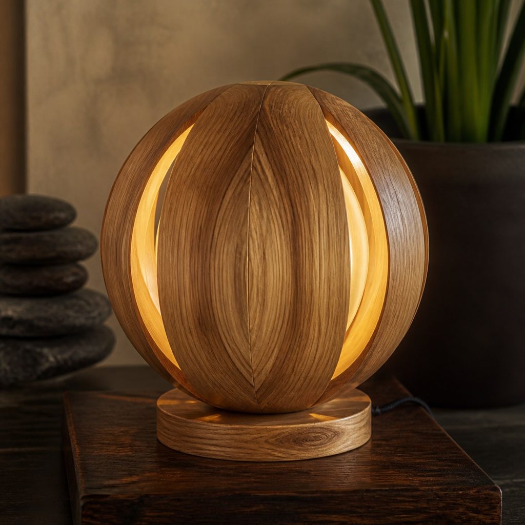 Bookmatched Elm Orb Lamp shown as an original square photorealistic wooden orb lamp with authentic wood texture, warm diffused light, and a short dark power cord