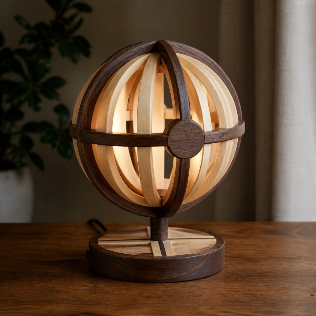 Maple and Walnut Orb Lamp shown as an original square photorealistic wooden orb lamp with authentic wood texture, warm diffused light, and a short dark power cord