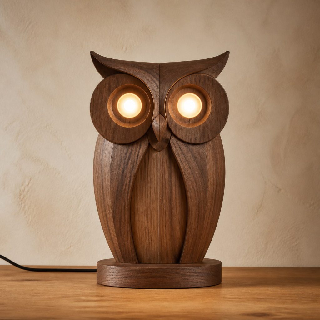 Owl Twin-Eye Table Lamp shown as an original square photorealistic wooden owl lamp with authentic wood grain, recognizable animal form, and warm diffused light