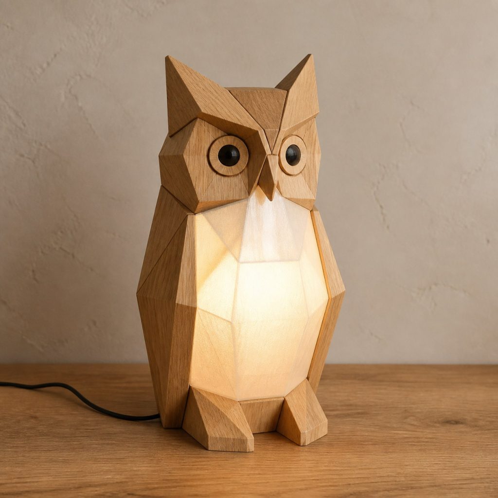 Faceted Owl Belly Lamp shown as an original square photorealistic wooden owl lamp with authentic wood grain, recognizable animal form, and warm diffused light