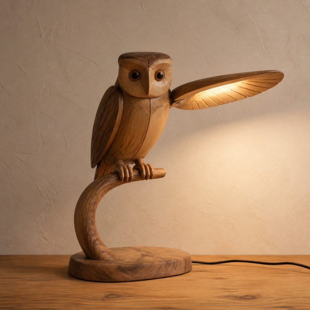 Owl Branch Task Lamp shown as an original square photorealistic wooden owl lamp with authentic wood grain, recognizable animal form, and warm diffused light