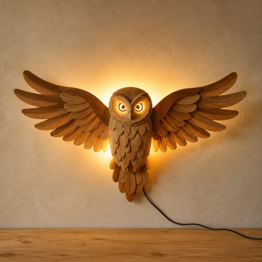 Spread-Wing Owl Sconce shown as an original square photorealistic wooden owl lamp with authentic wood grain, recognizable animal form, and warm diffused light