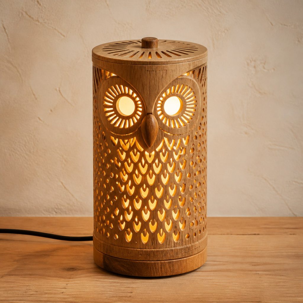 Pierced Owl Lantern shown as an original square photorealistic wooden owl lamp with authentic wood grain, recognizable animal form, and warm diffused light