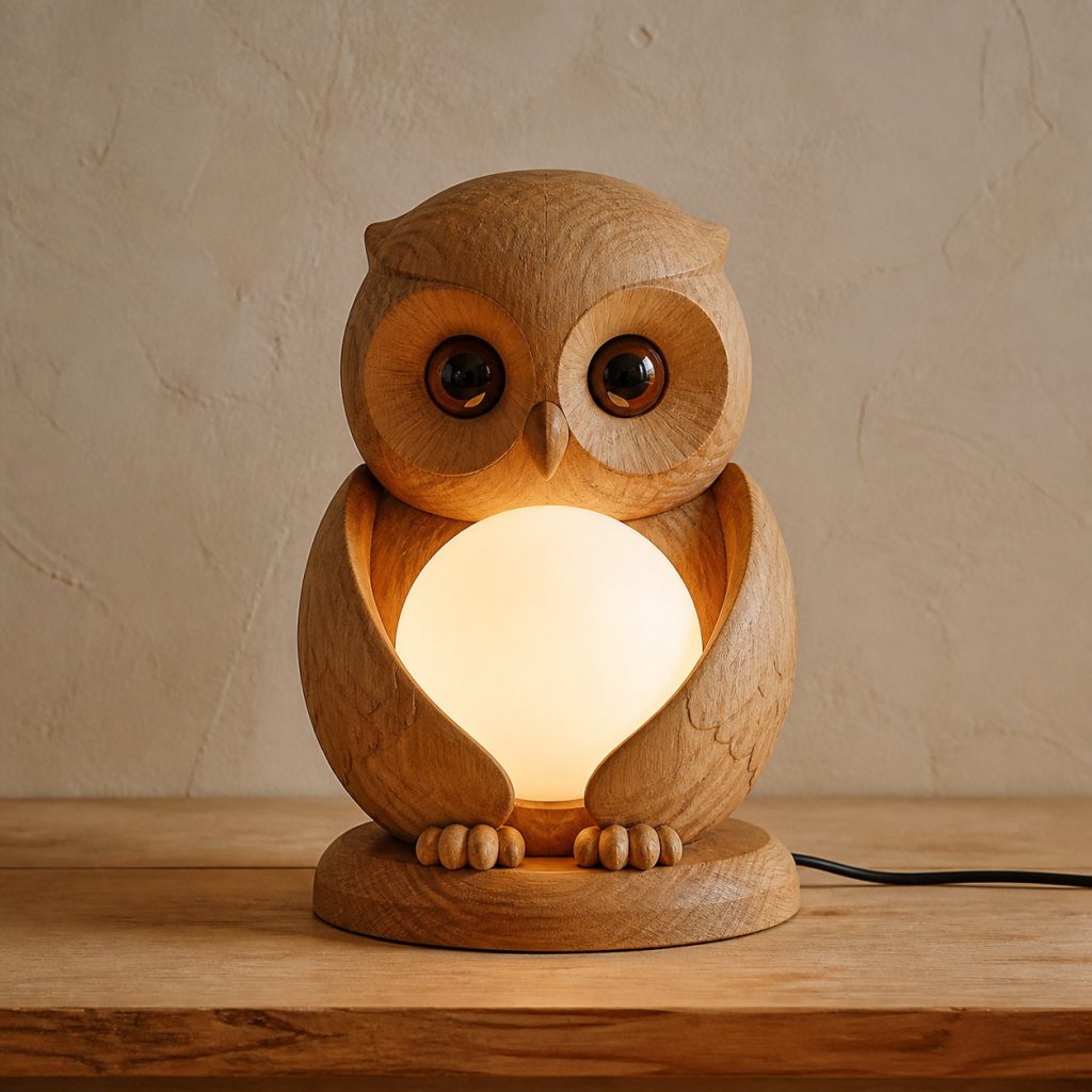 Baby Owl Orb Lamp shown as an original square photorealistic wooden owl lamp with authentic wood grain, recognizable animal form, and warm diffused light